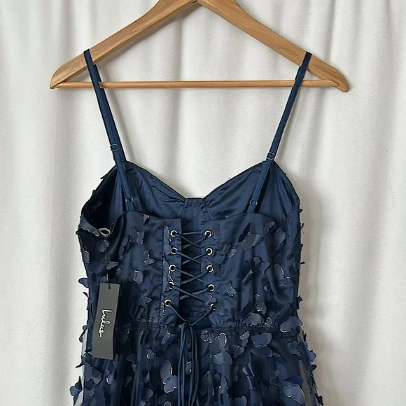 Lulus Navy Blue Butterfly Spaghetti Straps Lace Up Midi Dress **Size M** 🦋🦋 - Picture 7 of 10